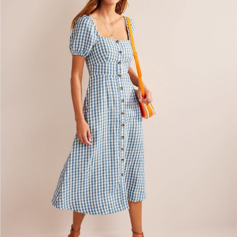 Boden Dress Square Neck Linen Gingham Midi Sz US 6 UK 10‎